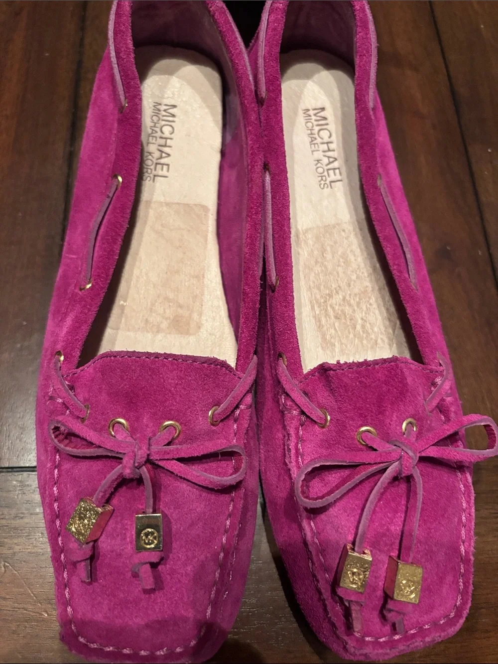 Michael Kors Suede Moccasin Loafers in Bright Fuchsia with Gold Accents